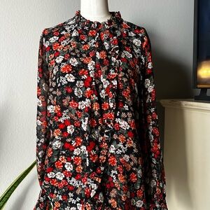Women’s Tahari Black and Orange Floral Blouse Autumn Color Season Size Small